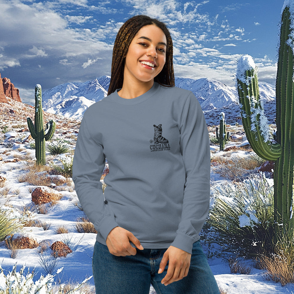 Colorado ski apparel, Western style long sleeve, Cuchara Mountain Park gear, heavyweight cotton shirt, garment-dyed mountain wear, alpine lifestyle clothing, Rocky Mountain souvenirs, unisex outdoor shirts, pre-shrunk trail clothing, apres-ski fashion, vintage wash western tee, Colorado souvenir apparel, rugged mountain clothing, high-country streetwear, sustainable on-demand gear