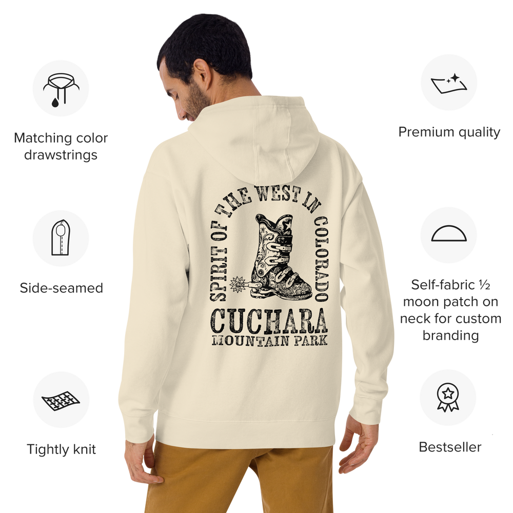 Colorado ski apparel, Western style hoodie, Cuchara Mountain Park gear, high-country hoodie, apres-ski lounge wear, mountain lifestyle clothing, Rocky Mountain sweatshirt, cozy ski hoodie, rugged outdoor apparel, unisex mountain gear, soft Colorado hoodie, vintage western sweatshirt.