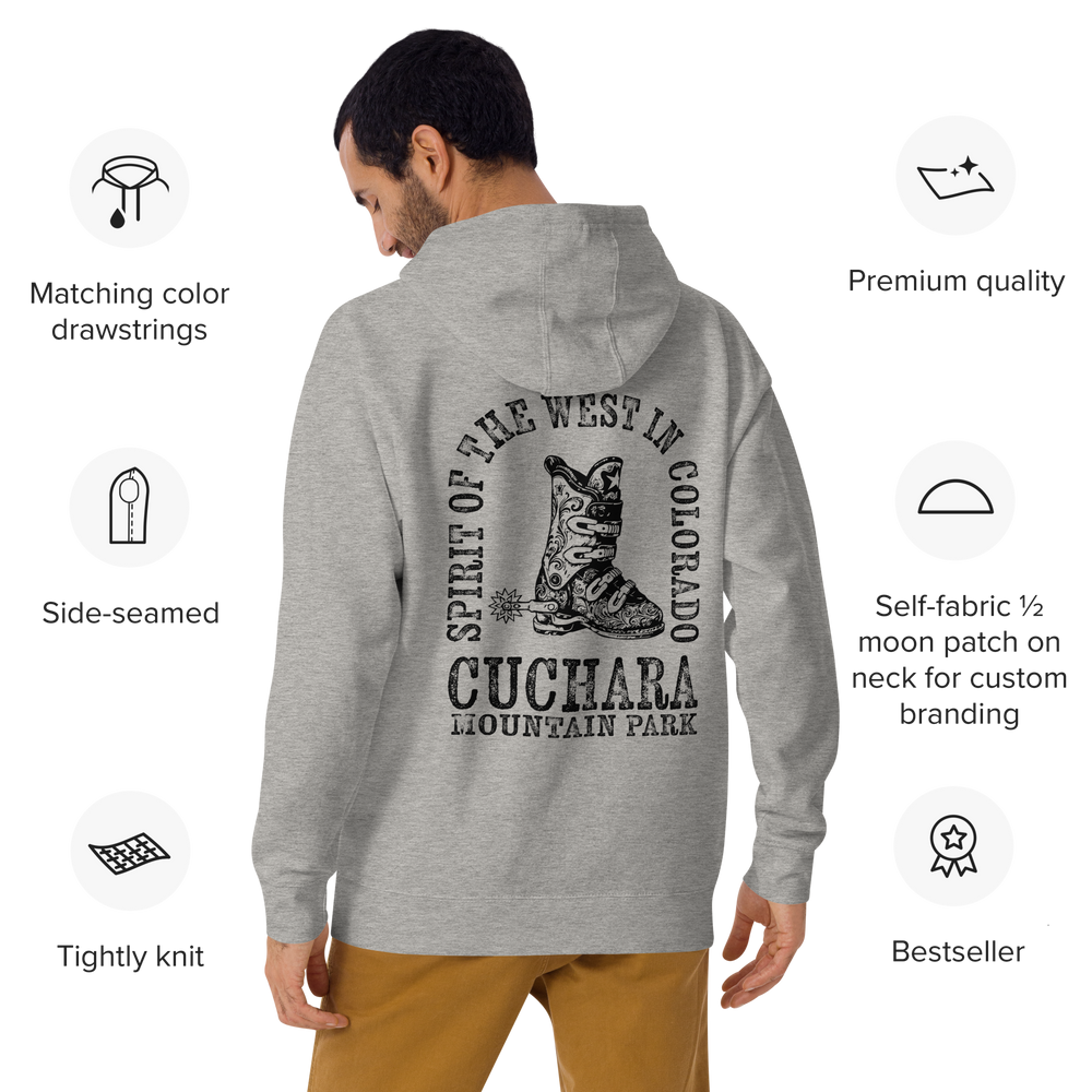 Colorado ski apparel, Western style hoodie, Cuchara Mountain Park gear, high-country hoodie, apres-ski lounge wear, mountain lifestyle clothing, Rocky Mountain sweatshirt, cozy ski hoodie, rugged outdoor apparel, unisex mountain gear, soft Colorado hoodie, vintage western sweatshirt.