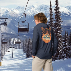 Chair 4 Rises long sleeve hoodie, From the Ashes Chair 4 apparel, Cuchara Mountain Park long sleeve, Colorado ski apparel, lightweight ski hoodie, snowboard long sleeve hoodie, Cuchara Colorado clothing, ski resort merchandise Colorado, alpine lifestyle apparel, mountain layering shirt, Colorado outdoor apparel, skier lifestyle clothing, snowboarder apparel Colorado, Sangre de Cristo Mountains gear, CMP merchandise, ski town clothing, winter layering top, breathable mountain apparel, ski community apparel,