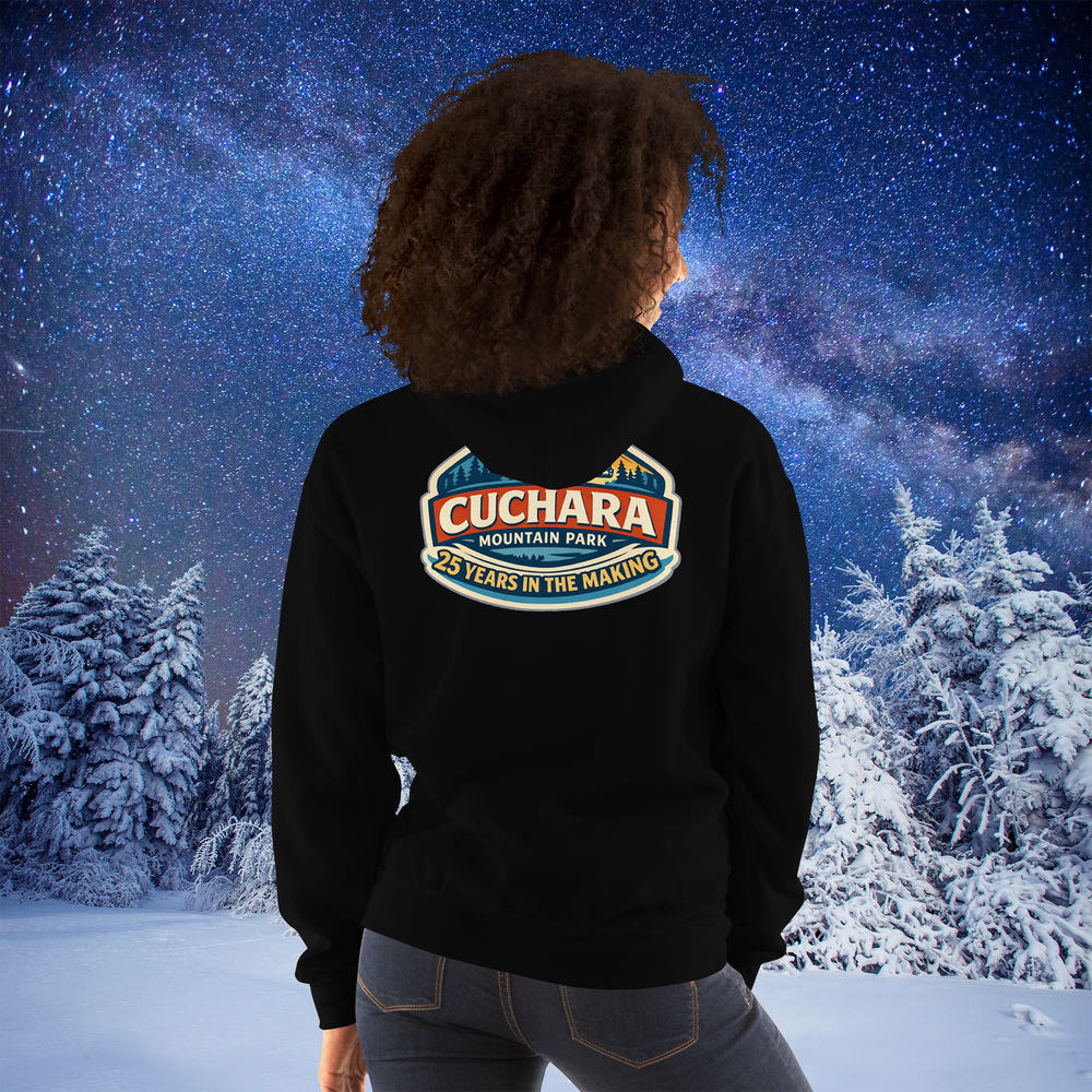 Cuchara Mountain Park, 25 years in the making, affordable Colorado skiing and snowboarding, Cuchara Mountain Park hoodie, Southern Colorado ski resorts, affordable snowboarding Colorado, Sangre de Cristo Mountains, Cuchara Colorado, family friendly skiing Colorado, mountain lifestyle apparel, cozy mountain hoodie, outdoor adventure gear, Lift 4 Cuchara, Colorado backcountry skiing, adventure hoodies, Colorado mountain parks, affordable winter sports