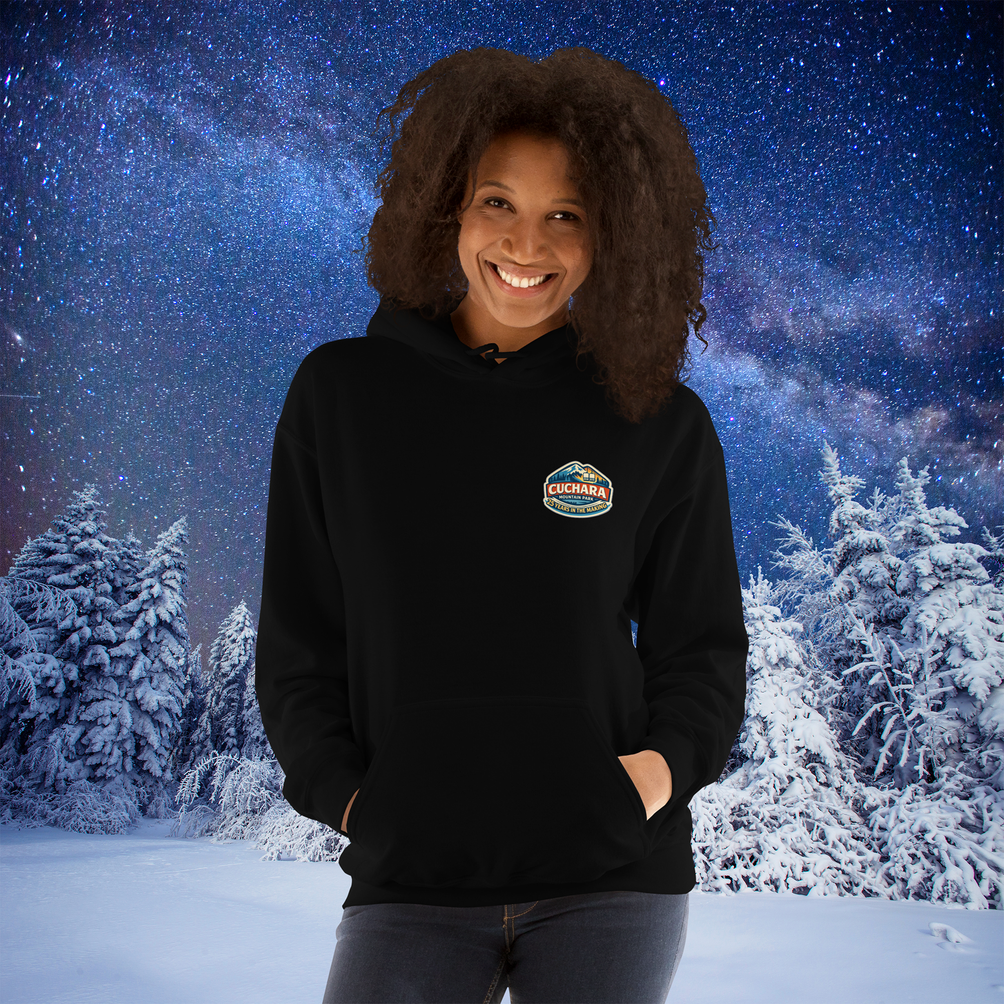 Cuchara Mountain Park, 25 years in the making, affordable Colorado skiing and snowboarding, Cuchara Mountain Park hoodie, Southern Colorado ski resorts, affordable snowboarding Colorado, Sangre de Cristo Mountains, Cuchara Colorado, family friendly skiing Colorado, mountain lifestyle apparel, cozy mountain hoodie, outdoor adventure gear, Lift 4 Cuchara, Colorado backcountry skiing, adventure hoodies, Colorado mountain parks, affordable winter sports