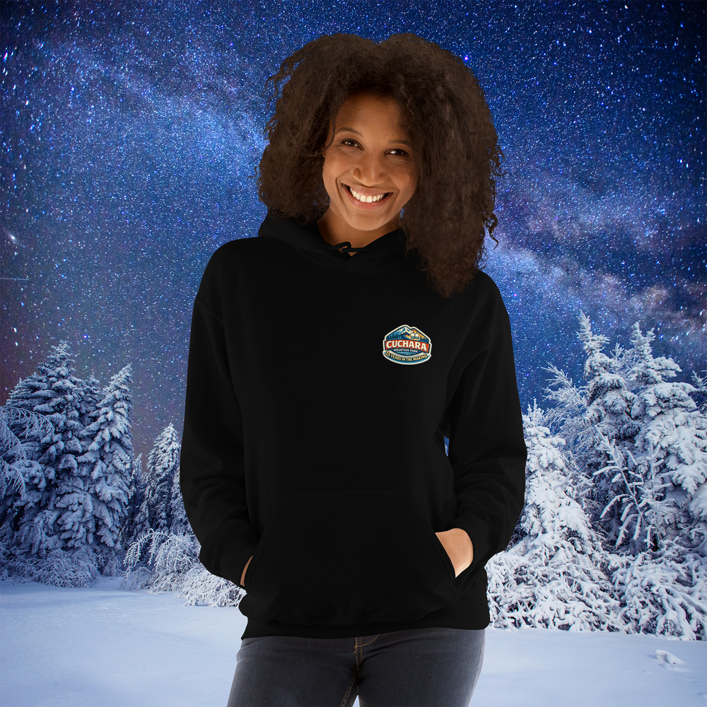 Cuchara Mountain Park, 25 years in the making, affordable Colorado skiing and snowboarding, Cuchara Mountain Park hoodie, Southern Colorado ski resorts, affordable snowboarding Colorado, Sangre de Cristo Mountains, Cuchara Colorado, family friendly skiing Colorado, mountain lifestyle apparel, cozy mountain hoodie, outdoor adventure gear, Lift 4 Cuchara, Colorado backcountry skiing, adventure hoodies, Colorado mountain parks, affordable winter sports