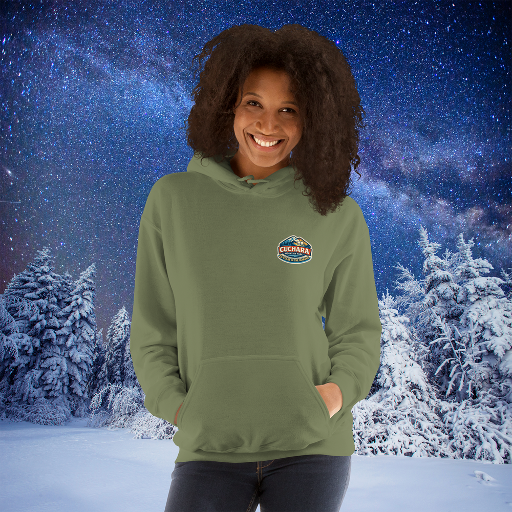 Cuchara Mountain Park, 25 years in the making, affordable Colorado skiing and snowboarding, Cuchara Mountain Park hoodie, Southern Colorado ski resorts, affordable snowboarding Colorado, Sangre de Cristo Mountains, Cuchara Colorado, family friendly skiing Colorado, mountain lifestyle apparel, cozy mountain hoodie, outdoor adventure gear, Lift 4 Cuchara, Colorado backcountry skiing, adventure hoodies, Colorado mountain parks, affordable winter sports