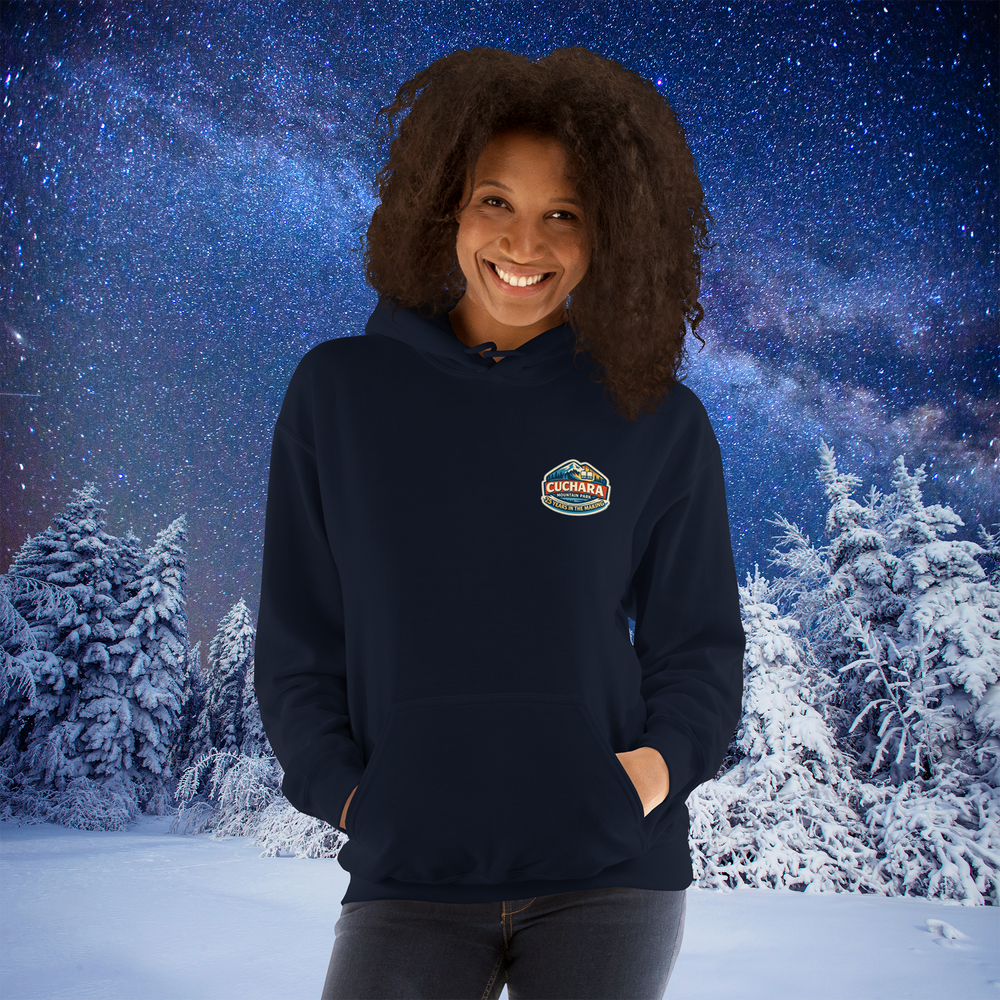 Cuchara Mountain Park, 25 years in the making, affordable Colorado skiing and snowboarding, Cuchara Mountain Park hoodie, Southern Colorado ski resorts, affordable snowboarding Colorado, Sangre de Cristo Mountains, Cuchara Colorado, family friendly skiing Colorado, mountain lifestyle apparel, cozy mountain hoodie, outdoor adventure gear, Lift 4 Cuchara, Colorado backcountry skiing, adventure hoodies, Colorado mountain parks, affordable winter sports
