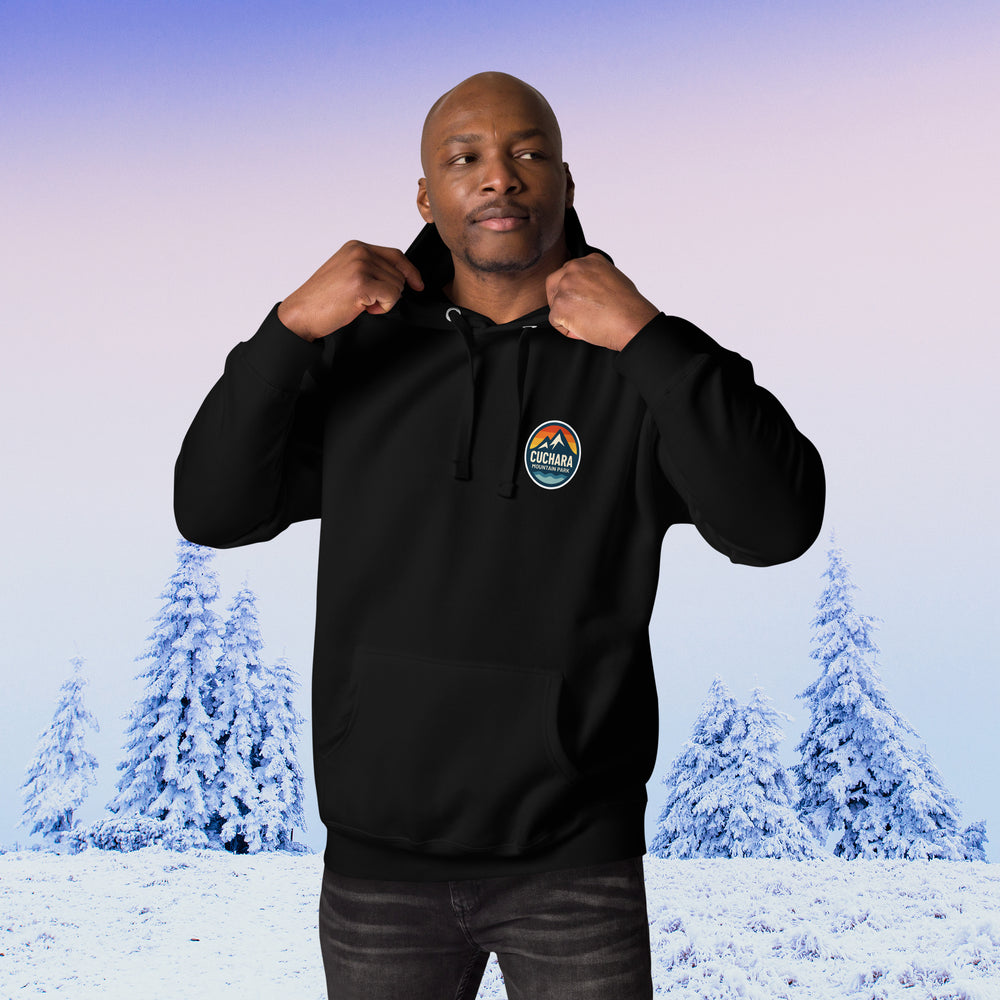 Cuchara Mountain Park hoodie, Cuchara Mountain Park logo apparel, Cuchara Mountain Park sweatshirt, Colorado ski resort hoodie, softest hoodie ever, ring-spun cotton polyester blend hoodie, high-altitude hoodie, Colorado mountain apparel, rugged adventure gear, Colorado ski area clothing, winter escape clothing, Colorado hiking hoodie, high-altitude clothing, former Cuchara Mountain Park ski area, Sangre de Cristo Mountains, Southern Colorado, best hoodie for cold weather, warm ski trip hoodie