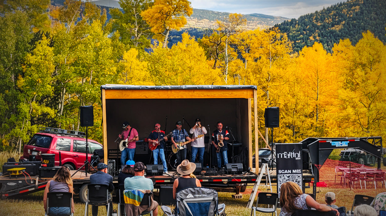 Outdoor concert with musicians on stage in a scenic autumn setting.  cuchara mountain park ski area, affordable skiing, affordable snowboarding, affordable colorado ski areas, affordable colorado ski resort