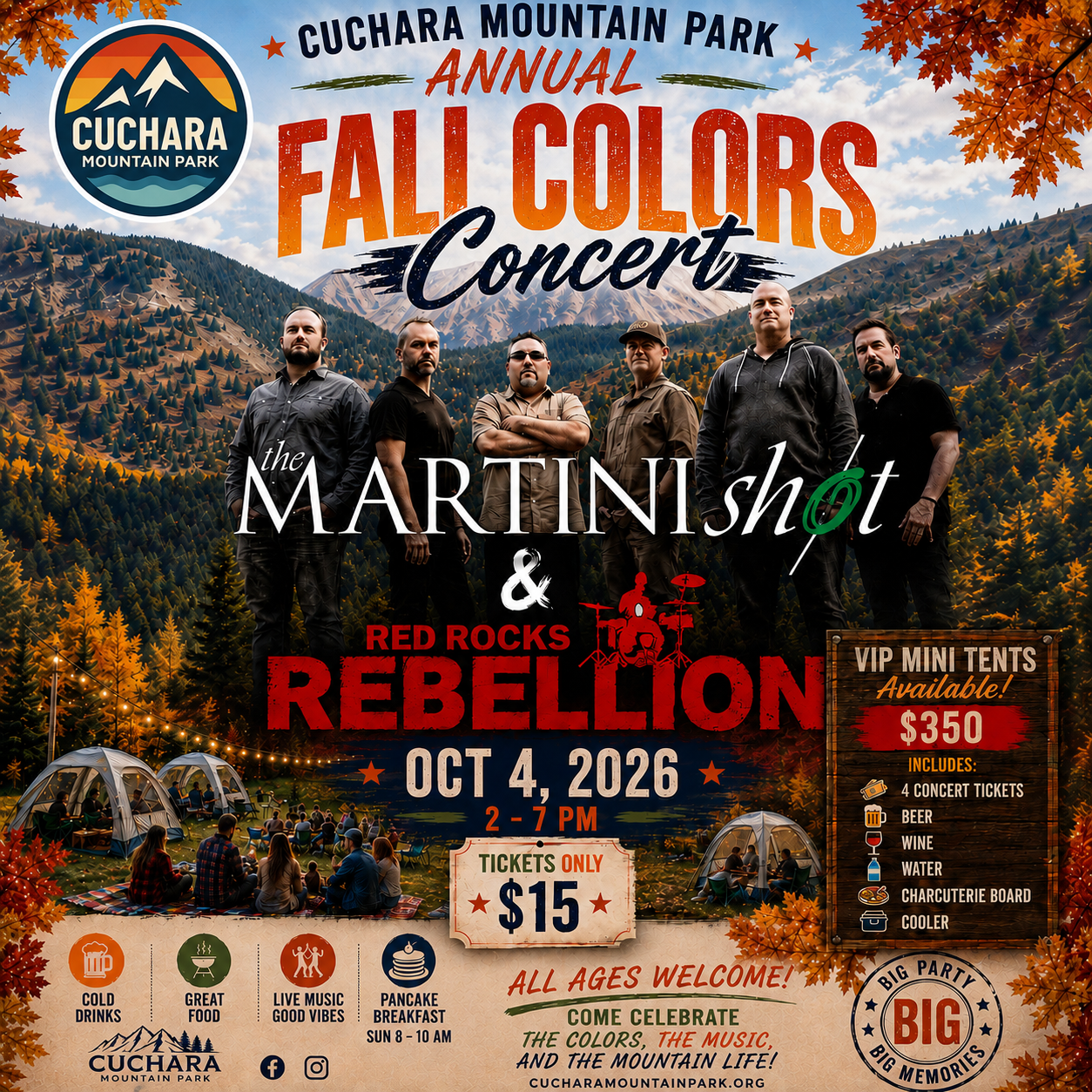 Cuchara Mountain Park Fall Colors Concert, Annual Fall Festival tickets, The Martini Shot live, Red Rocks Rebellion concert, Cuchara Disc Golf Tournament, Ski School Pancake Breakfast, Live music Cuchara Mountain Park, Southern Colorado autumn events