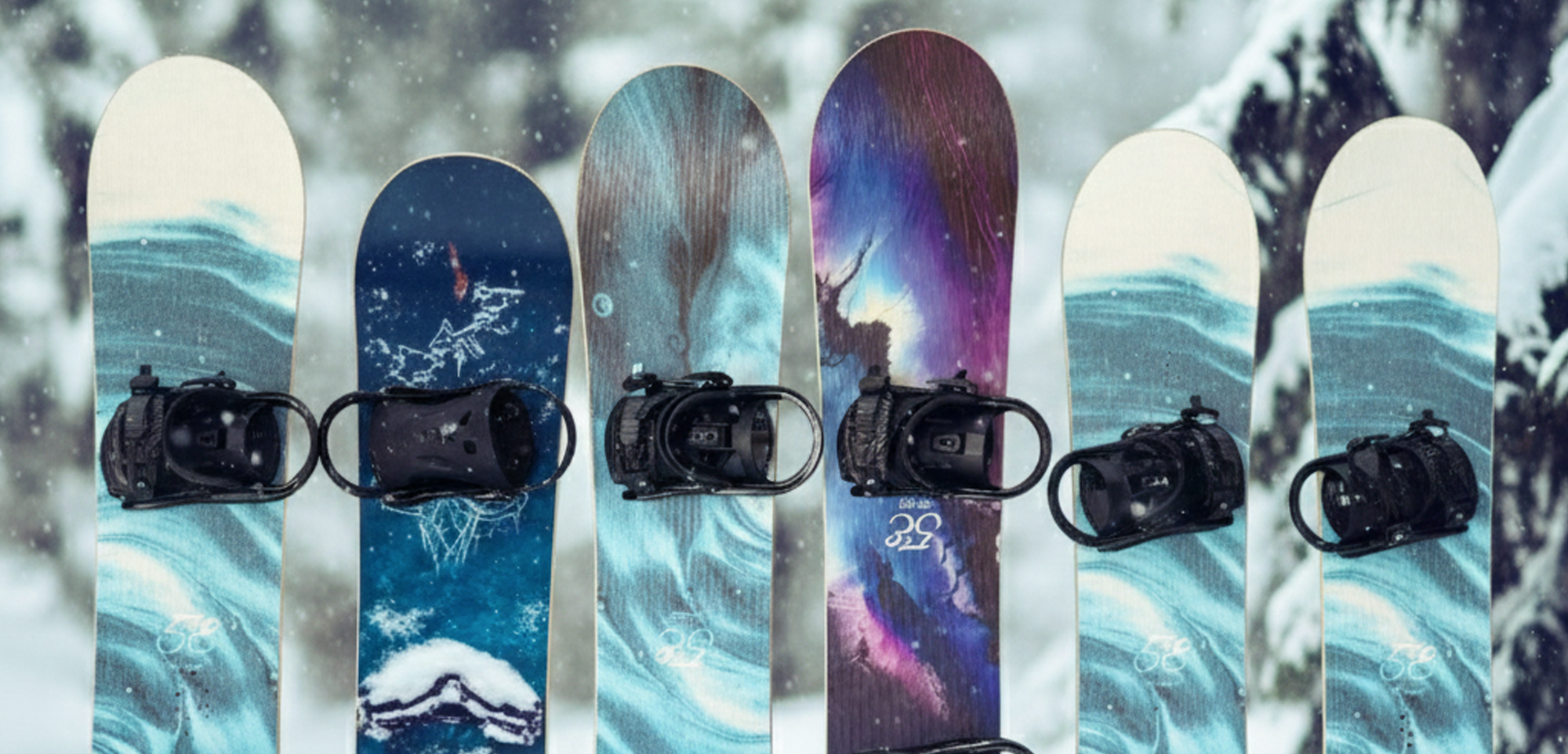 Six snowboards with different designs displayed against a snowy background.  We offer versatile, well-maintained boards designed to provide a smooth and stable ride for any skill level.