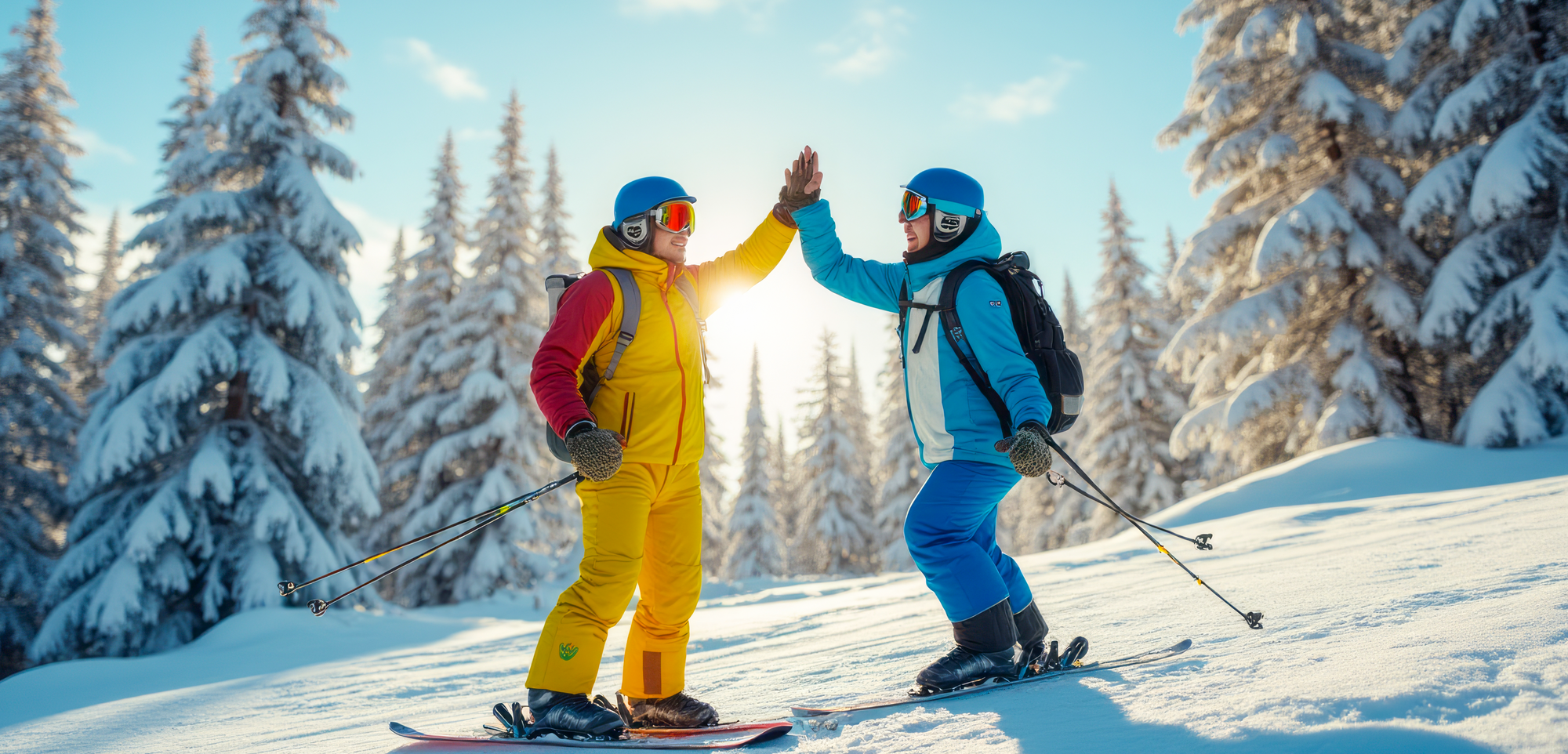 Two skiers high-fiving each other on a snowy slope with trees in the background.  Affordable skis, ski rental