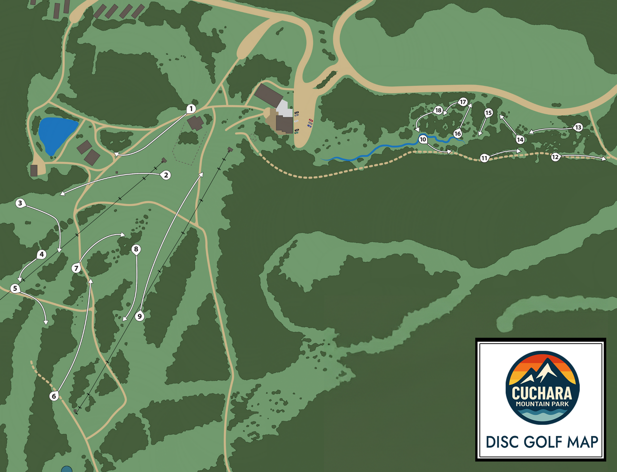 Map of a disc golf course for Cuchara Mountain Park Disc Golf.  Cuchara Mountain Park frisbee golf, La Veta disc golf courses, disc golf near Walsenburg CO, Southern Colorado disc golf courses, Huerfano County disc golf, Parker-Fitzgerald Cuchara Mountain Park activities, ski resort disc golf Colorado, mountain disc golf courses CO, high altitude disc golf Colorado, abandoned ski resort disc golf, 18 hole mountain disc golf, alpine disc golf experience, ski hill frisbee golf, $5 disc golf Colorado