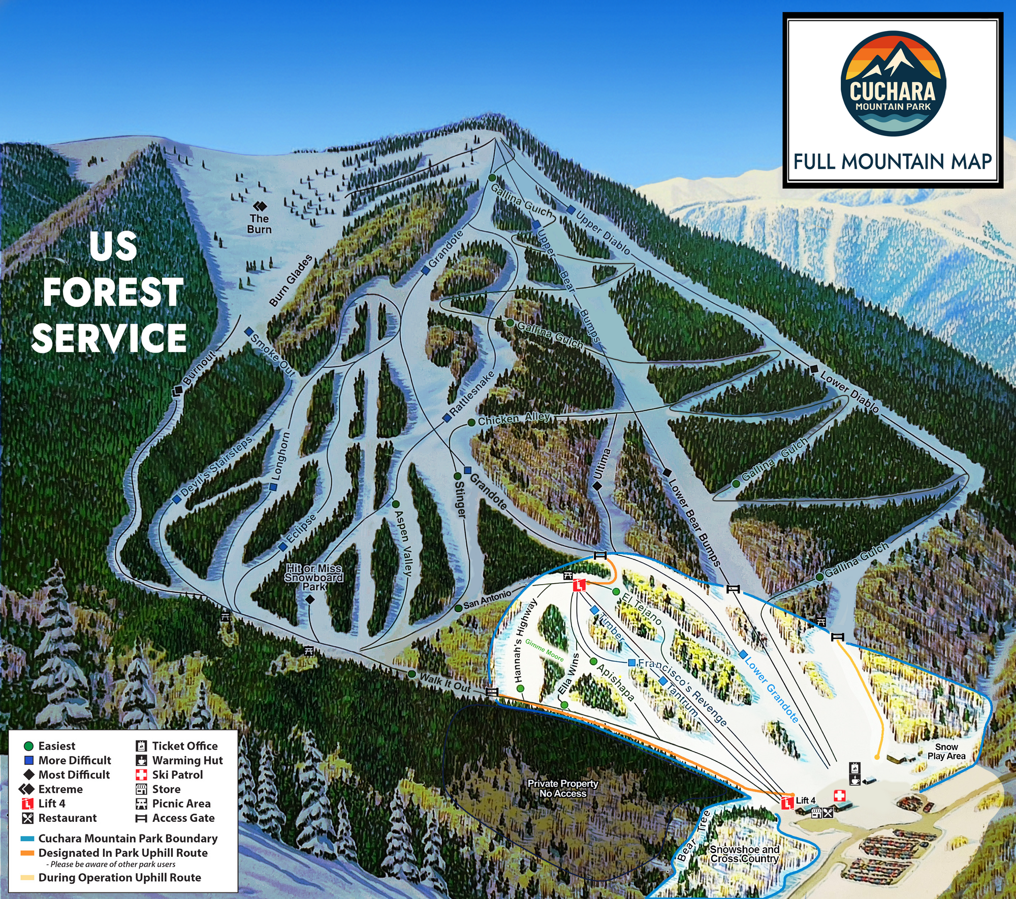 Cuchara Mountain Park Ski resort map with trails and facilities.  Cuchara Mountain Park full mountain map, Cuchara ski area trail map, Cuchara Mountain Park hiking trails map, disc golf course map Cuchara, Baker Creek trail map, Panadero Ski Area historical map, Cuchara Mountain Park summer map, Cuchara winter trail map, Cuchara backcountry ski map, Parker-Fitzgerald Cuchara Mountain Park layout, La Veta hiking trail maps, Cuchara Mountain Park PDF download, interactive map Cuchara CO 