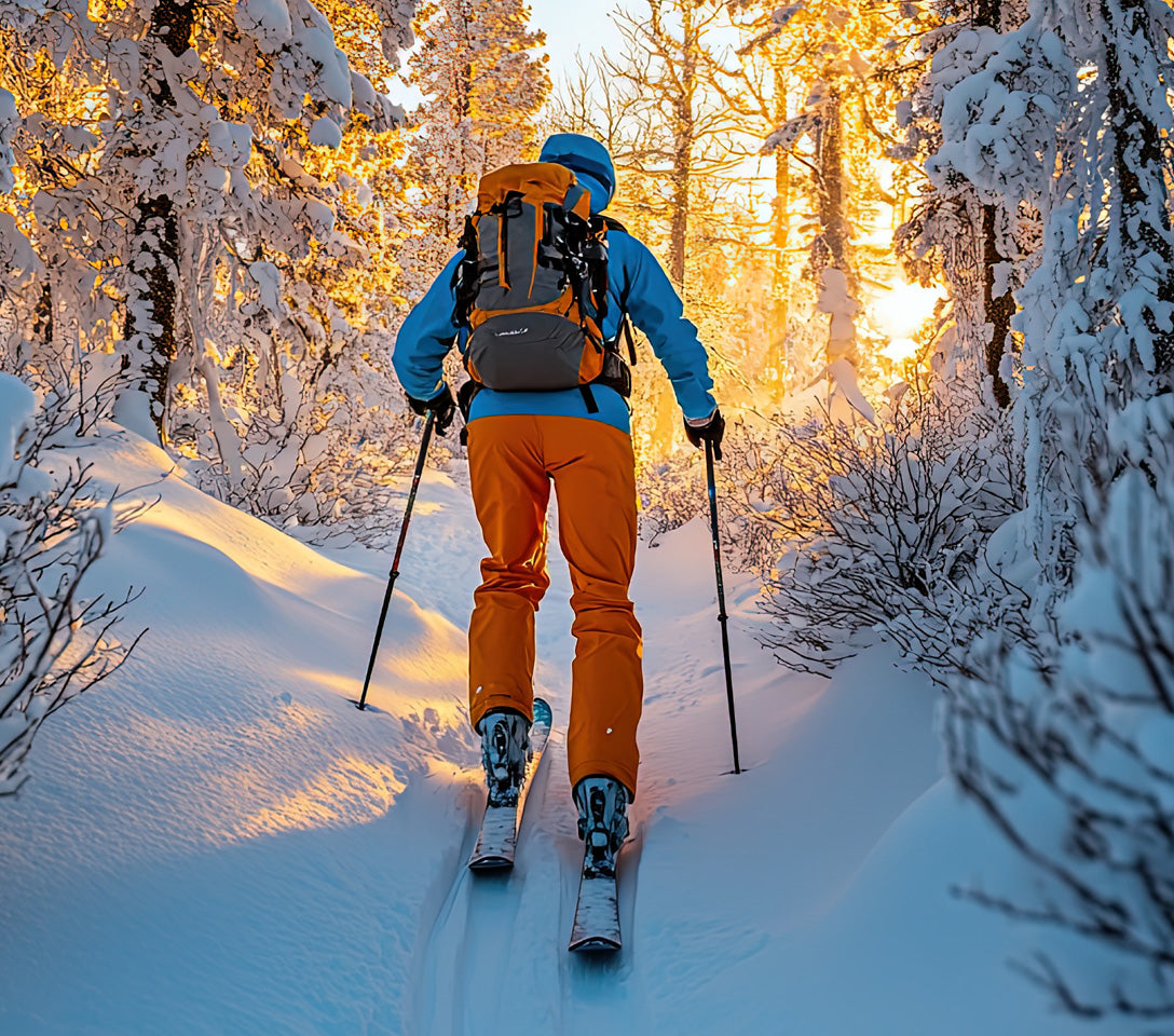 Person skiing through a snowy forest with a backpack and skis, surrounded by snow-covered trees. Backcountry skiing, colorado backcountry skiing, backcountry skiing in Colorado, Southern Colorado Backcountry Skiing, Backcountry Skiing in Southern Colorado, Huerfano Backcountry Skiing