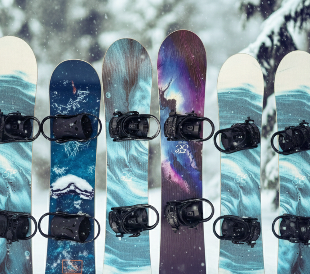 Six snowboards with different designs displayed against a snowy background.  We offer versatile, well-maintained boards designed to provide a smooth and stable ride for any skill level.