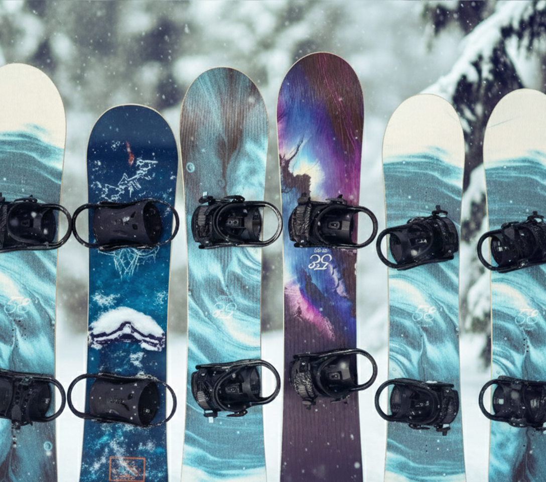 Six snowboards with different designs displayed against a snowy background.  We offer versatile, well-maintained boards designed to provide a smooth and stable ride for any skill level.