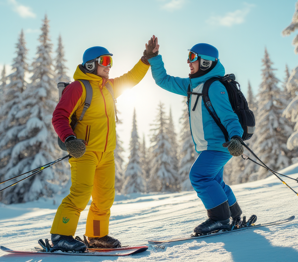 Two skiers high-fiving each other on a snowy slope with trees in the background.  Affordable skis, ski rental