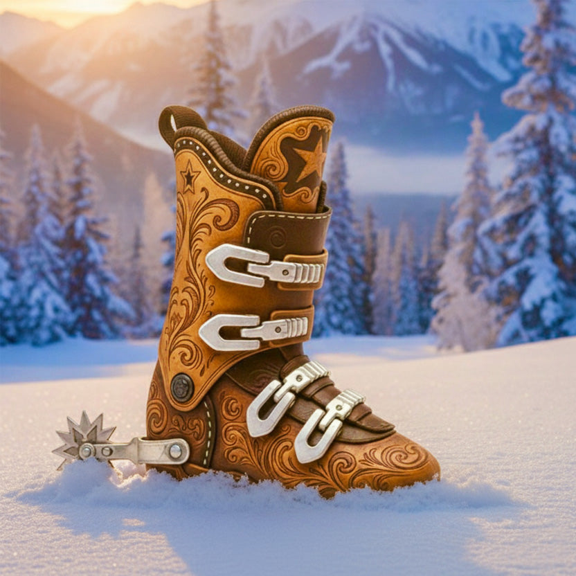 Decorative boot with intricate designs in a snowy mountain landscape.  cuchara mountain park ski area, affordable skiing, affordable snowboarding, affordable colorado ski areas, affordable colorado ski resort, affordable ski gear rentals, affordable snowboard gear rentals, snow sports rentals