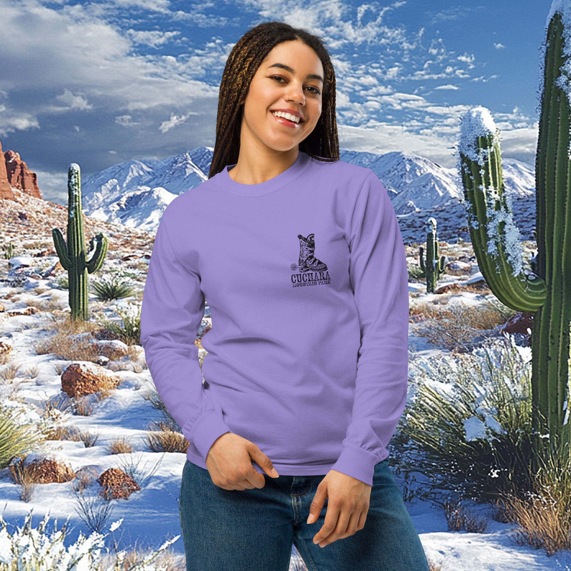 Colorado ski apparel, Western style long sleeve, Cuchara Mountain Park gear, heavyweight cotton shirt, garment-dyed mountain wear, alpine lifestyle clothing, Rocky Mountain souvenirs, unisex outdoor shirts, pre-shrunk trail clothing, apres-ski fashion, vintage wash western tee, Colorado souvenir apparel, rugged mountain clothing, high-country streetwear, sustainable on-demand gear