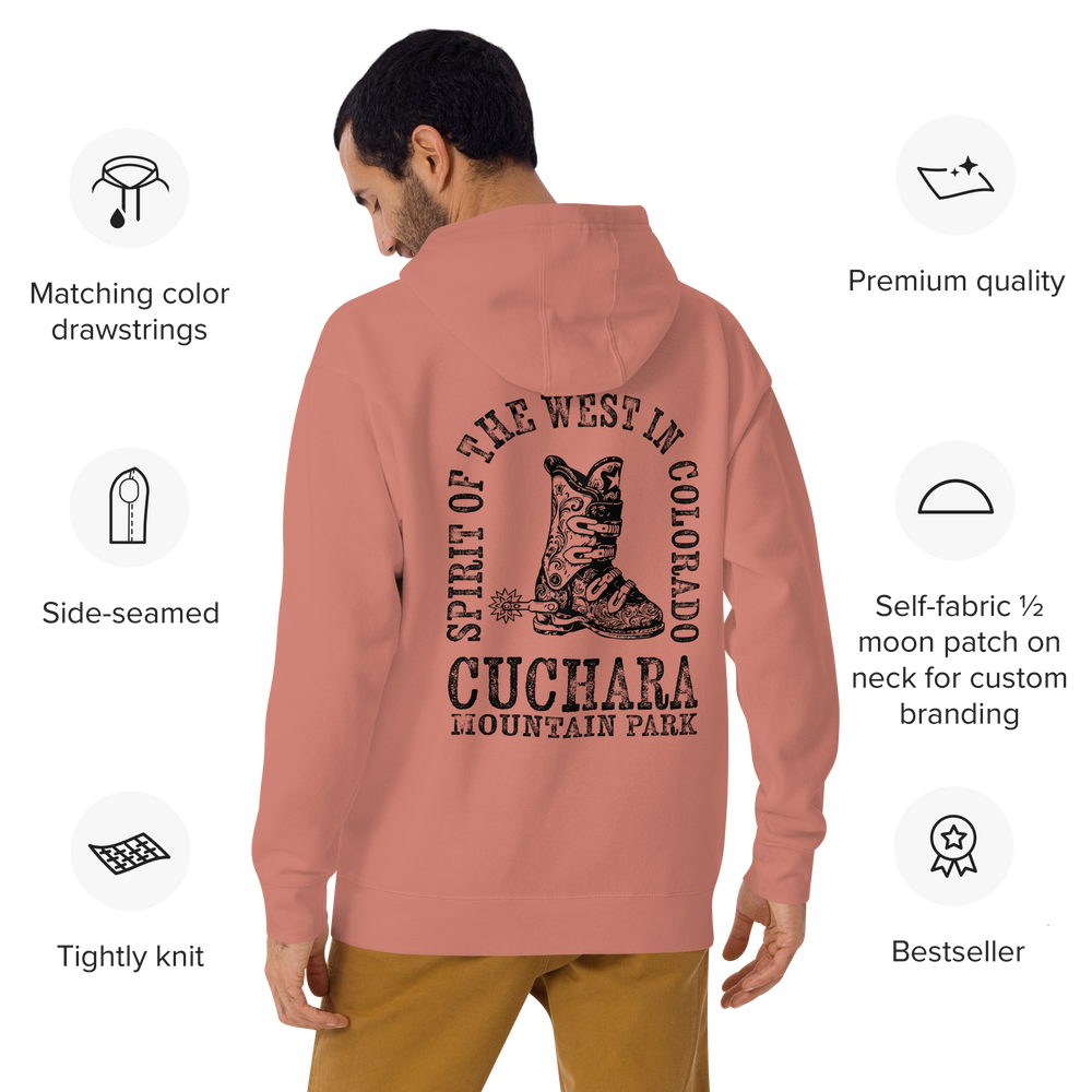 Colorado ski apparel, Western style hoodie, Cuchara Mountain Park gear, high-country hoodie, apres-ski lounge wear, mountain lifestyle clothing, Rocky Mountain sweatshirt, cozy ski hoodie, rugged outdoor apparel, unisex mountain gear, soft Colorado hoodie, vintage western sweatshirt.