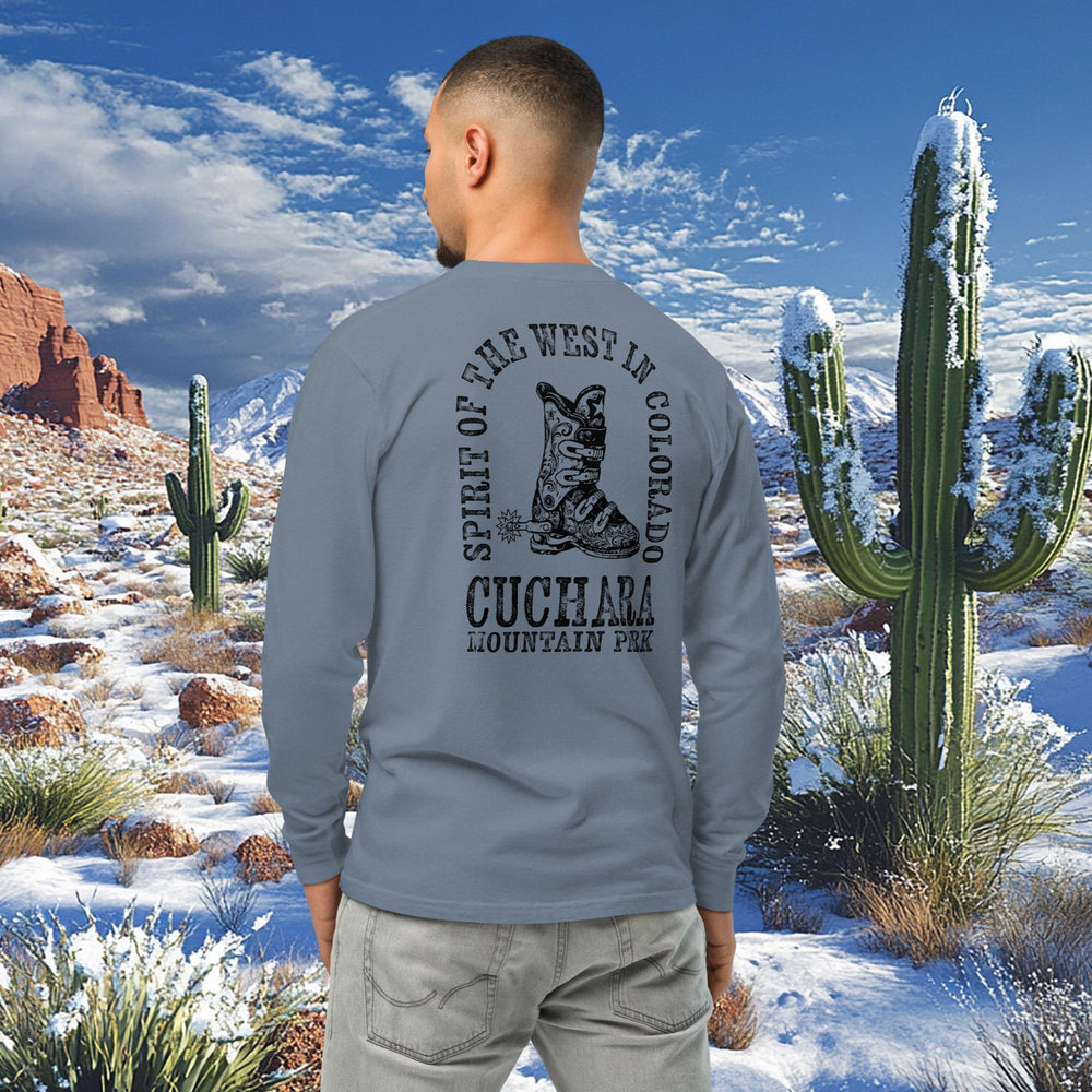 Colorado ski apparel, Western style long sleeve, Cuchara Mountain Park gear, heavyweight cotton shirt, garment-dyed mountain wear, alpine lifestyle clothing, Rocky Mountain souvenirs, unisex outdoor shirts, pre-shrunk trail clothing, apres-ski fashion, vintage wash western tee, Colorado souvenir apparel, rugged mountain clothing, high-country streetwear, sustainable on-demand gear
