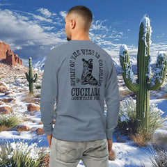 Colorado ski apparel, Western style long sleeve, Cuchara Mountain Park gear, heavyweight cotton shirt, garment-dyed mountain wear, alpine lifestyle clothing, Rocky Mountain souvenirs, unisex outdoor shirts, pre-shrunk trail clothing, apres-ski fashion, vintage wash western tee, Colorado souvenir apparel, rugged mountain clothing, high-country streetwear, sustainable on-demand gear