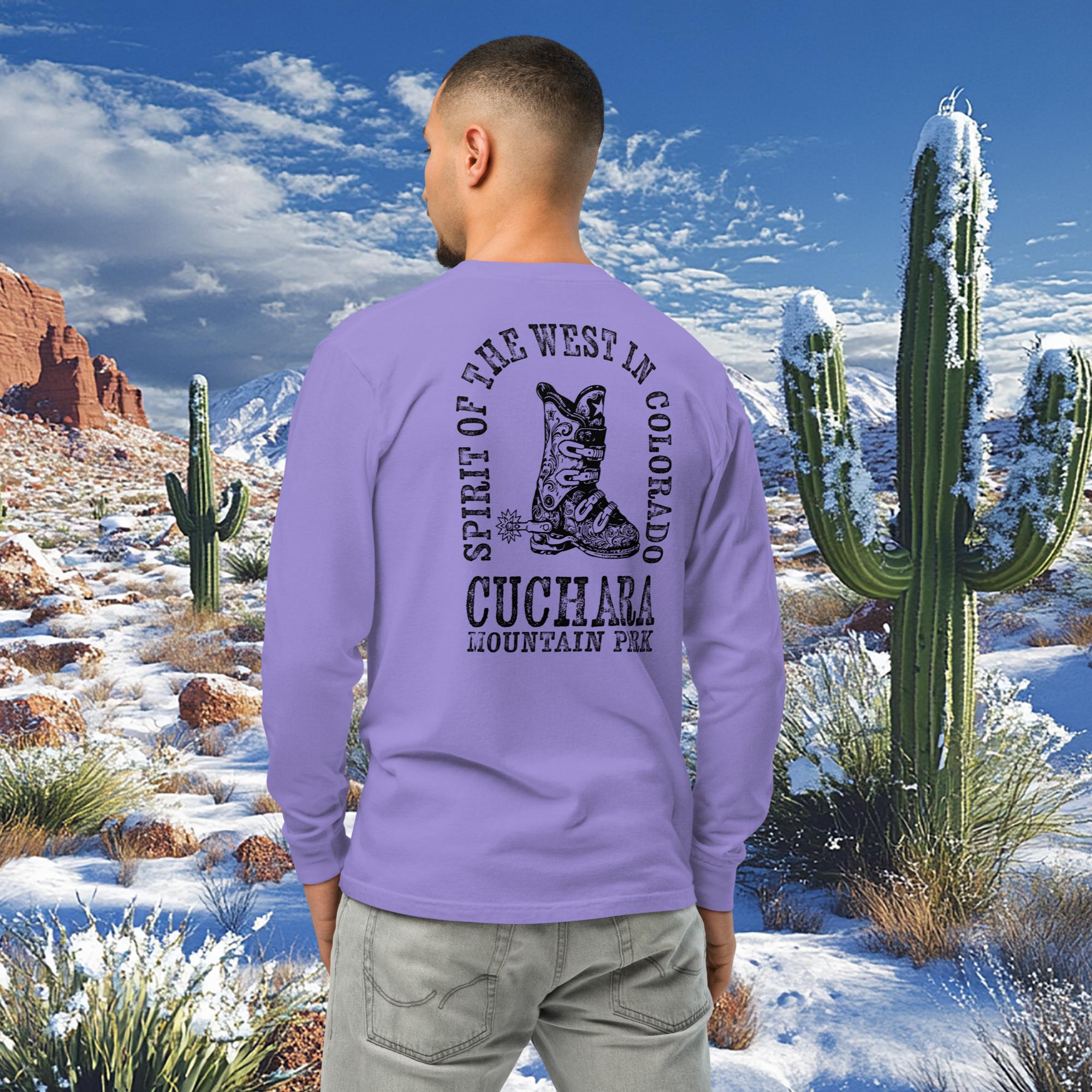Colorado ski apparel, Western style long sleeve, Cuchara Mountain Park gear, heavyweight cotton shirt, garment-dyed mountain wear, alpine lifestyle clothing, Rocky Mountain souvenirs, unisex outdoor shirts, pre-shrunk trail clothing, apres-ski fashion, vintage wash western tee, Colorado souvenir apparel, rugged mountain clothing, high-country streetwear, sustainable on-demand gear