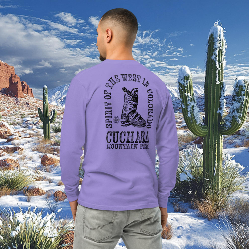 Colorado ski apparel, Western style long sleeve, Cuchara Mountain Park gear, heavyweight cotton shirt, garment-dyed mountain wear, alpine lifestyle clothing, Rocky Mountain souvenirs, unisex outdoor shirts, pre-shrunk trail clothing, apres-ski fashion, vintage wash western tee, Colorado souvenir apparel, rugged mountain clothing, high-country streetwear, sustainable on-demand gear