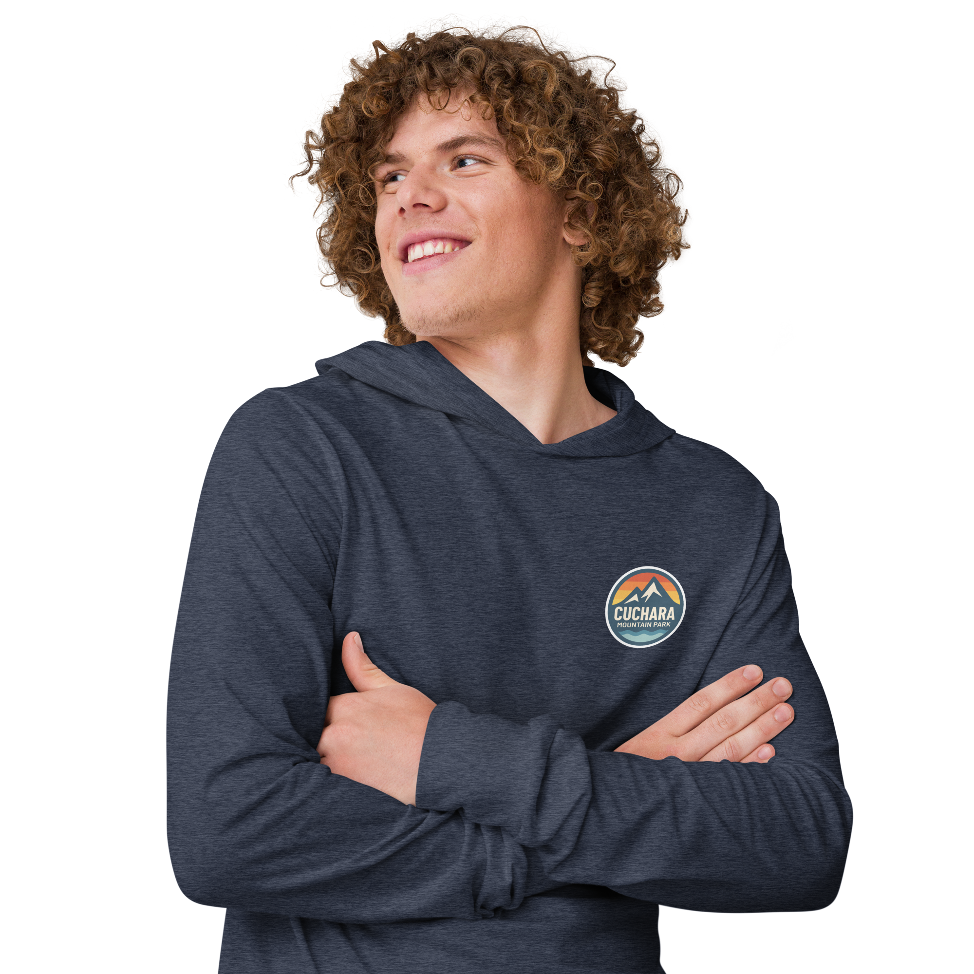 Person wearing a black hoodie with 'Cuchara Mountain Park' logo in a snowy mountain landscape.  Person wearing a black hoodie with a logo against a snowy mountain landscape.  lightweight long-sleeve hooded tee, unrestricted movement shirt, all-season layering top, comfortable athletic fit, stylish outdoor outfit, year-round trail essential, men's hooded t-shirt, cuchara mountain park hoodie, cuchara mountain park long sleeve shirt