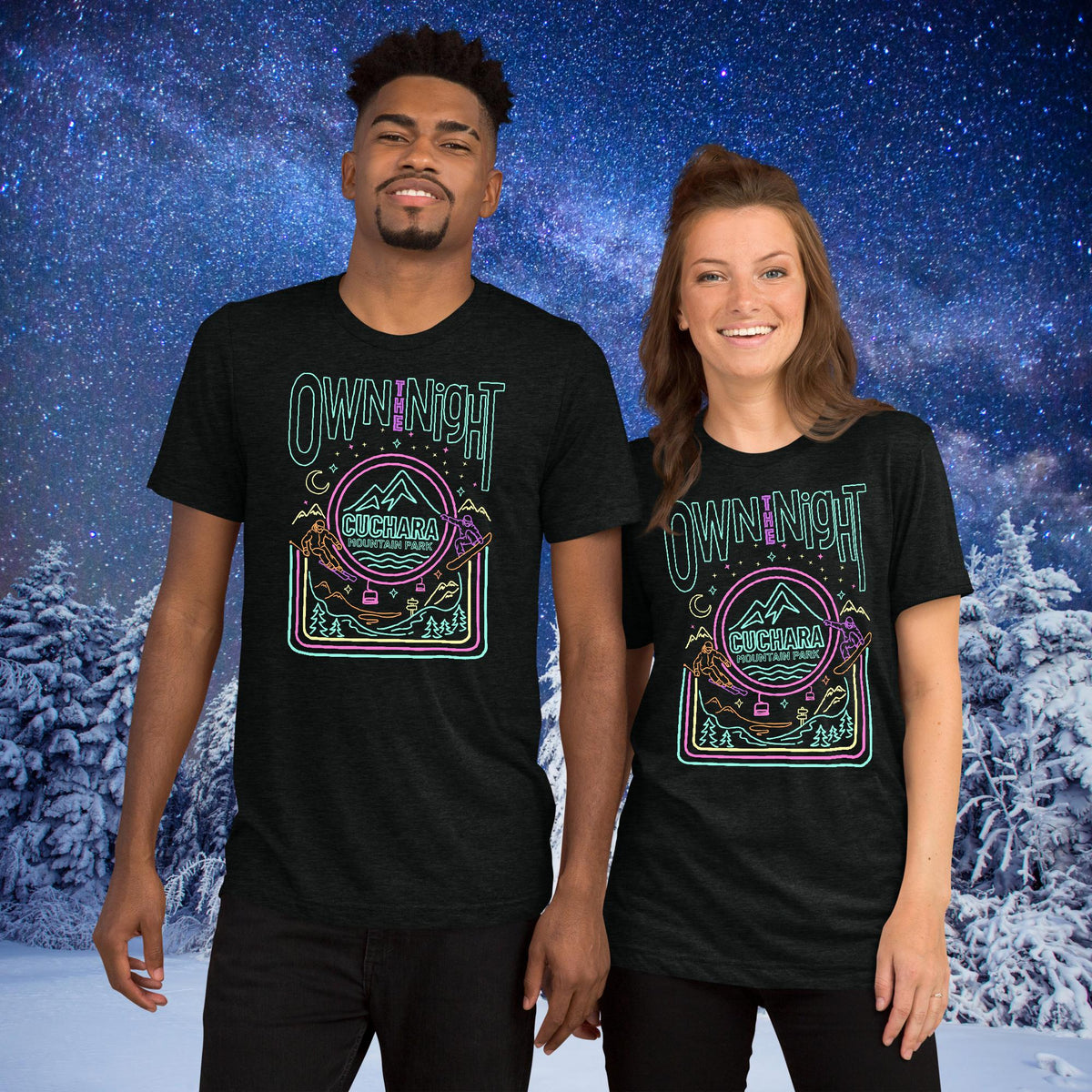 Cuchara Mountain Park, Cuchara Colorado, neon ski shirt, night skiing apparel, snowboarder t-shirt, retro mountain gear, glow in the dark aesthetic, winter sports streetwear, heavyweight long sleeve, triblend graphic tee, vintage ski style, apres ski clothing, Colorado mountain park, night shredding, 80s neon ski, Cuchara apparel.